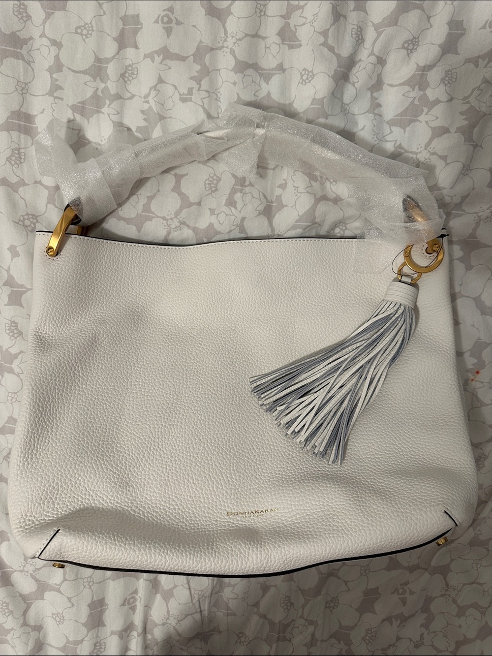 Donna Karan White Pebbled Leather Shoulder Bag with Tassel
